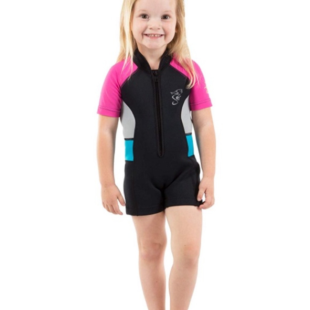 Kids Seavenger 2mm Swim Wetsuit shortty - Pink, Black swimsuit